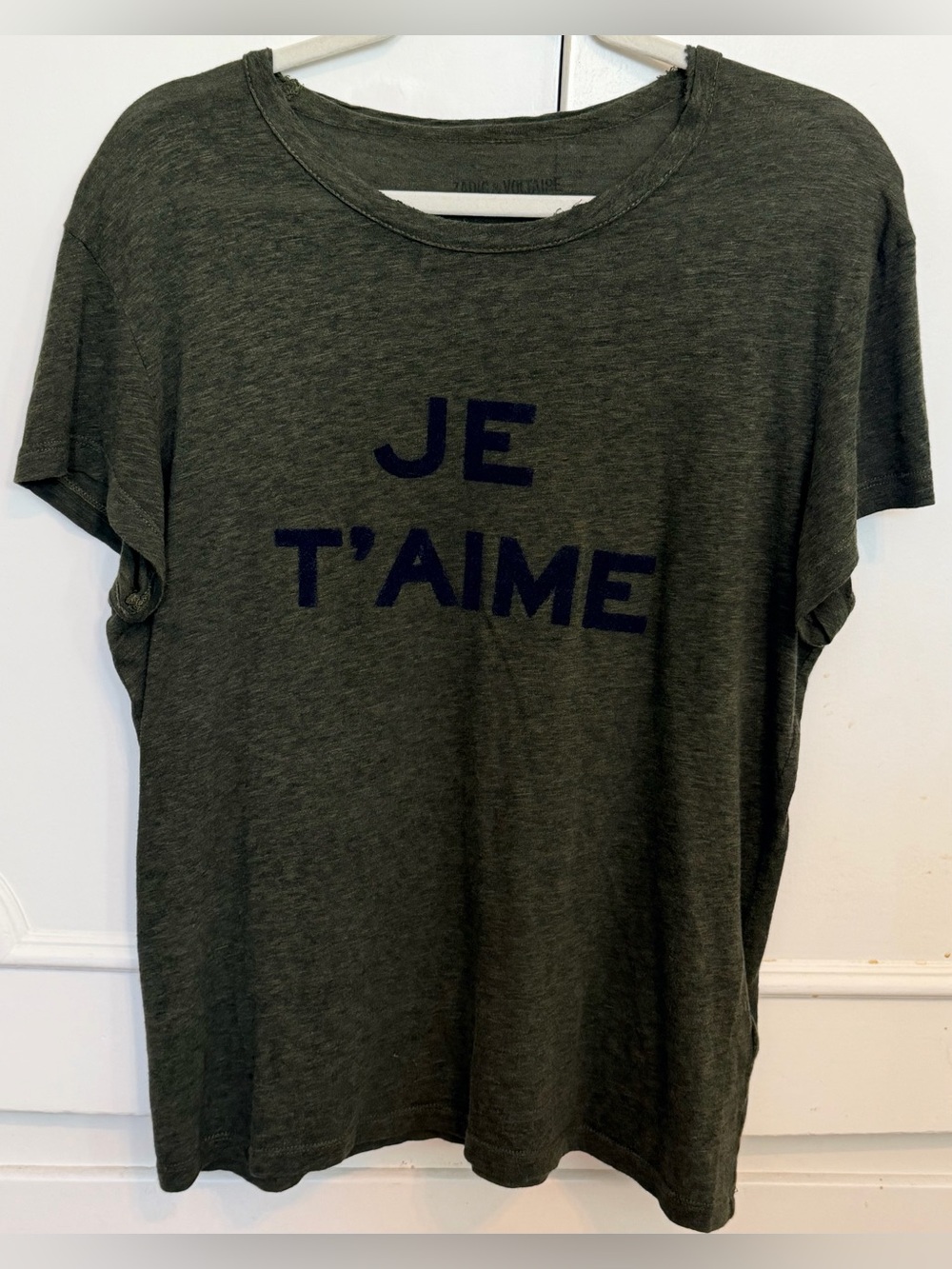 Zadig & Voltaire Olive Green T-Shirt with Blue “Je T’Aime” Size Large